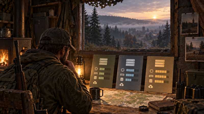 A DayZ survivor compares simple server plan cards inside a shelter while a pine forest appears outside.
