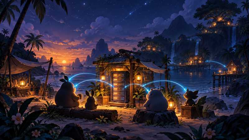 A small glowing server sits beside a tropical island camp at dusk, with friends and distant base lights connected by blue trails.