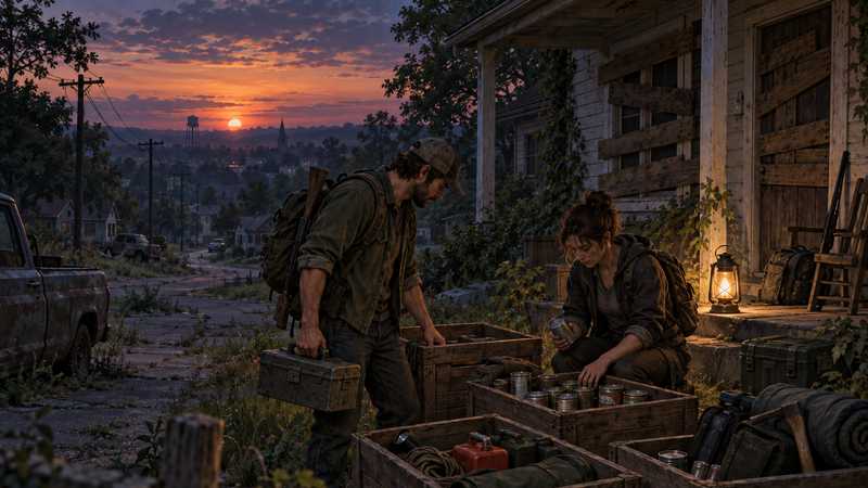Two survivors sort canned supplies and a toolbox beside a boarded Kentucky safehouse at sunset.