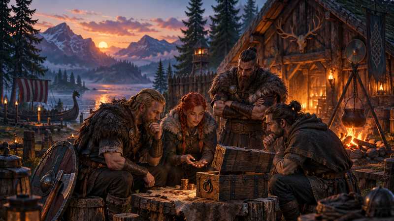 A small Norse crew compares a modest coin purse with a larger shared treasury beside a firelit longhouse.