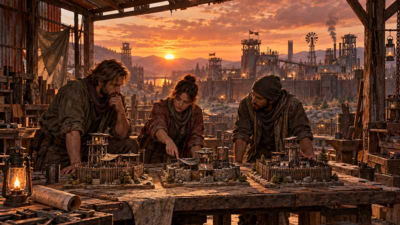 Three settlers compare miniature compounds on a workshop table overlooking a fortified settlement at orange sunset.