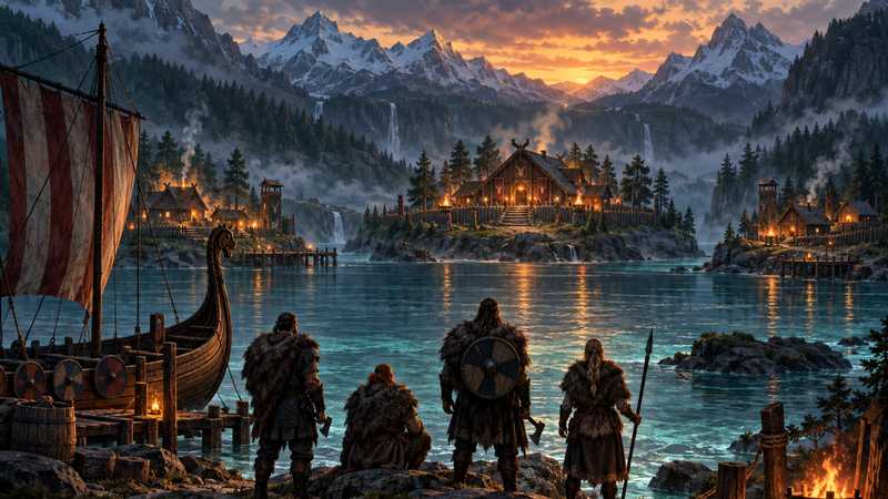 Four Norse travelers beside a longship look across a fjord toward three forest settlements glowing with amber firelight.
