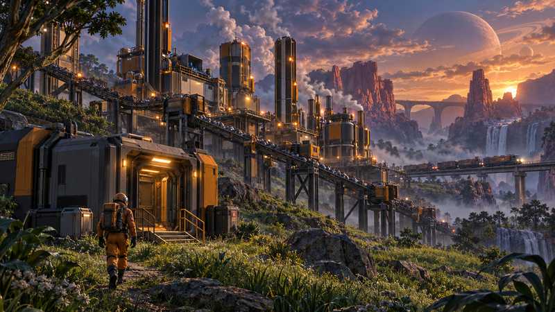 An orange-suited pioneer walks toward a lit factory beside a rail line on an alien grassland at dusk.