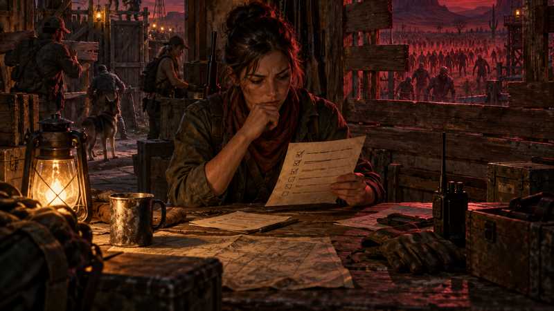 A survivor-admin checks a paper list inside a barricaded farmhouse as a horde gathers beneath a red moon.