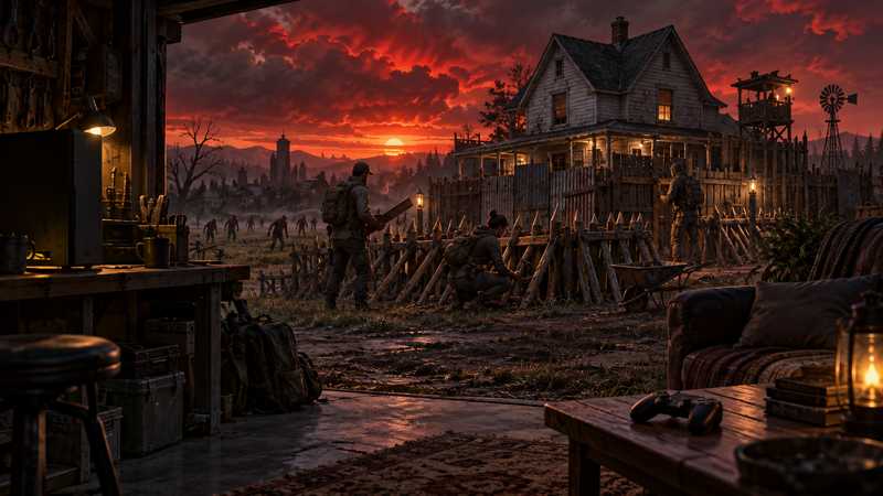 Survivors prepare a farmhouse defense as a desktop monitor and game controller sit in the foreground.