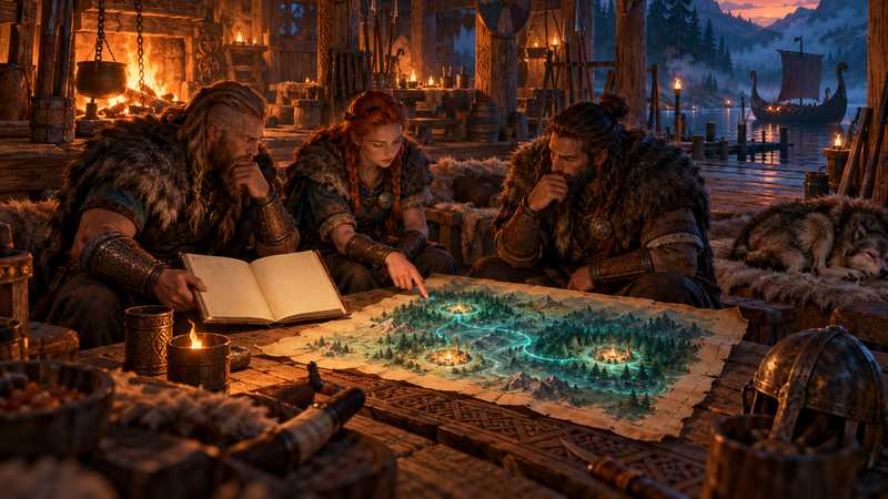 Three Vikings review a price ledger beside a map connecting distant forest camps in a firelit longhouse.
