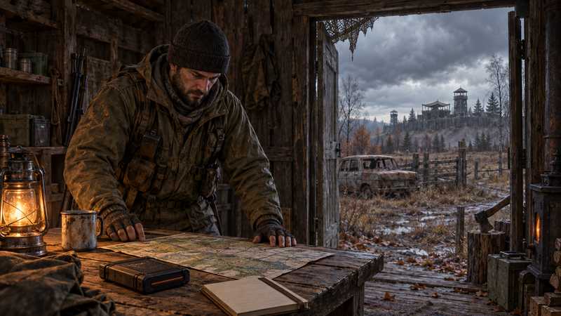 A DayZ server admin checks a weathered field map and a protected backup drive before a storm reaches a rural outpost.