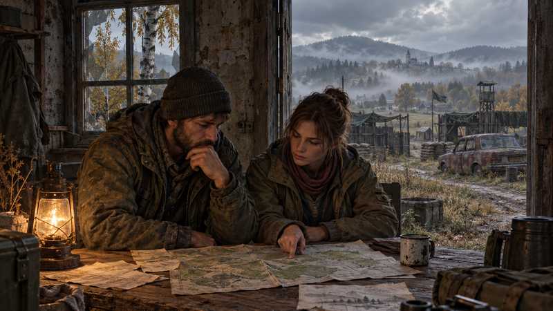 Two survivors review a paper map at a table in a weathered outpost.