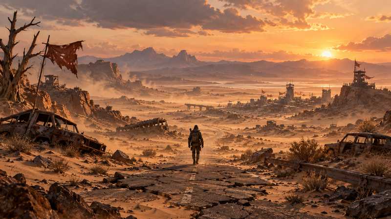 A lone survivor follows a broken road through a sunlit desert toward a distant settlement.
