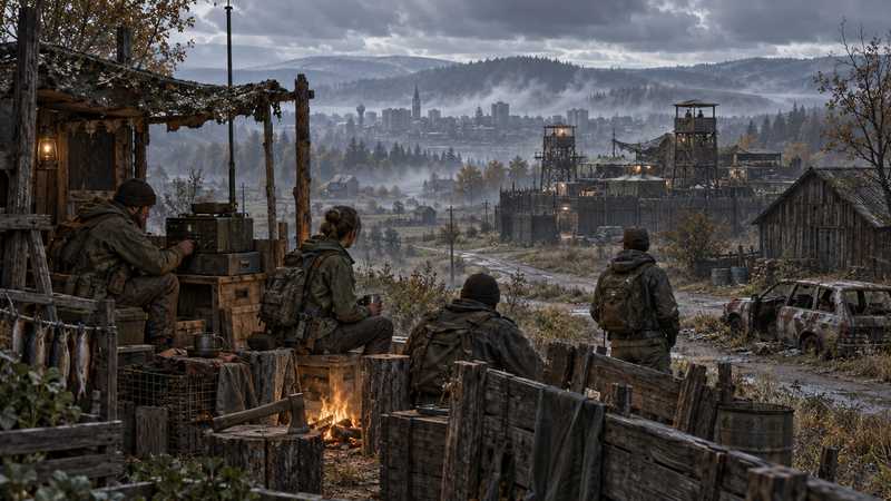 Survivors gather beside a roadside outpost, with a fortified camp and salvaged gear in the grey countryside.