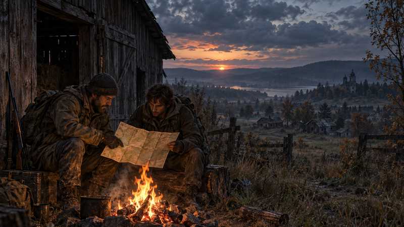 Two survivors study a folded map beside a campfire outside a wooden barn.