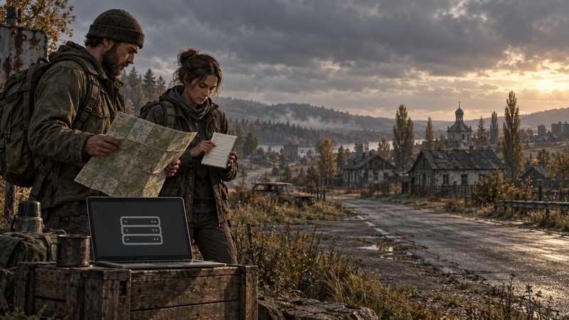 Two survivors compare a map and a simple budget beside a laptop showing a generic server icon, with an abandoned village behind them.