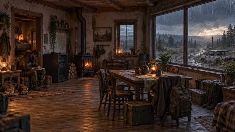 A DayZ server administrator reviews a notebook in a warm farmhouse as rain falls over a quiet rural road outside.