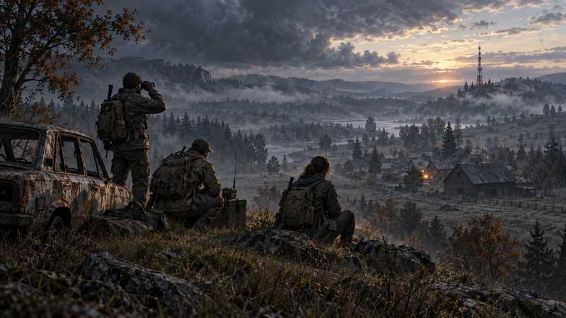 Three survivors watch a village and radio mast from a misty ridge beside a rusted car.