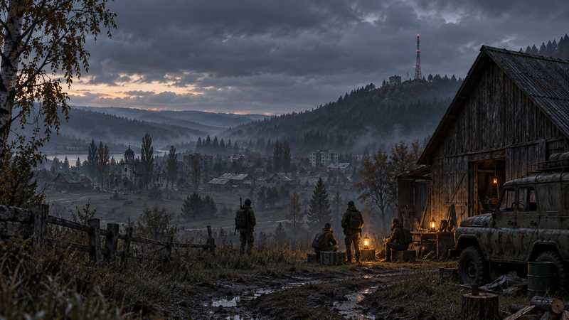 A small group of survivors tests a server from a hill above a weathered DayZ countryside