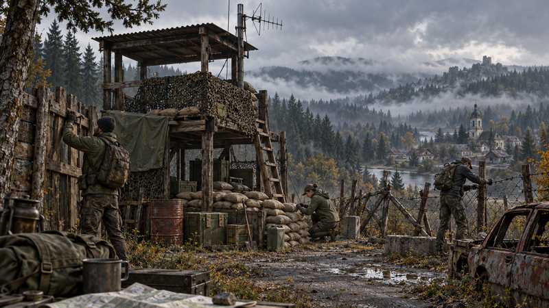 Survivors reinforce a forest outpost around an unmarked map, with improvised walls and a misty village beyond.