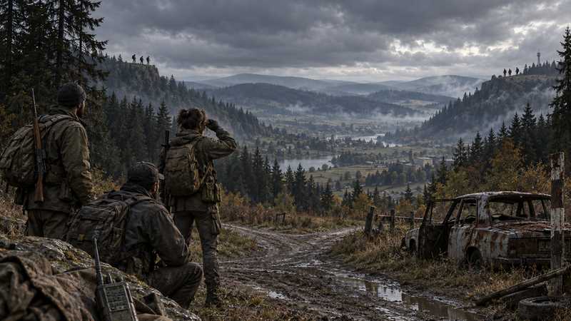 DayZ survivors on separate ridgelines look across a broad, cloudy valley toward one another.