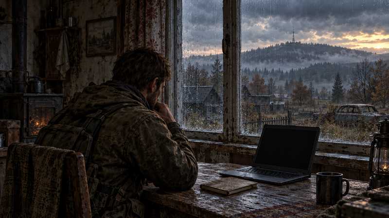 A survivor studies a handwritten maintenance notebook beside a laptop in a weathered Chernarus farmhouse.