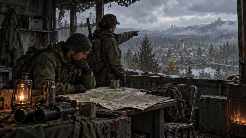 Two survivors study a paper map inside a weathered outpost overlooking a misty village.