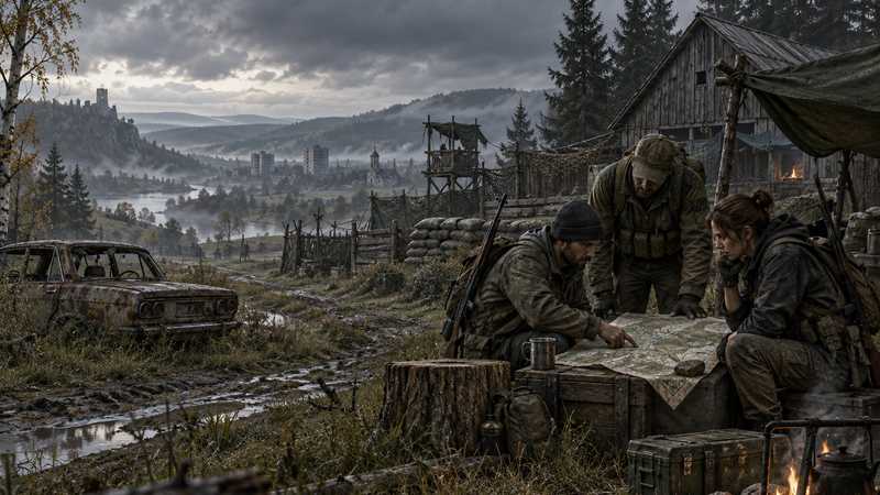 A small group of survivors gathers around a map at a forest camp while an empty road disappears into the distance.