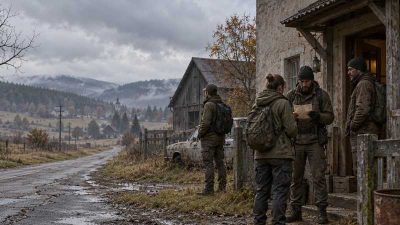 DayZ survivors organize a guest list outside a weathered countryside safehouse.