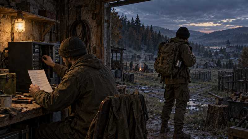 One survivor maintains a server rack in a rural shelter while another heads toward a village.