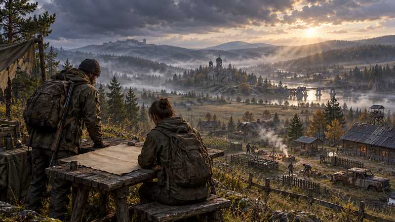 Two survivors study a paper map above a quiet settlement as storm clouds break at dawn.
