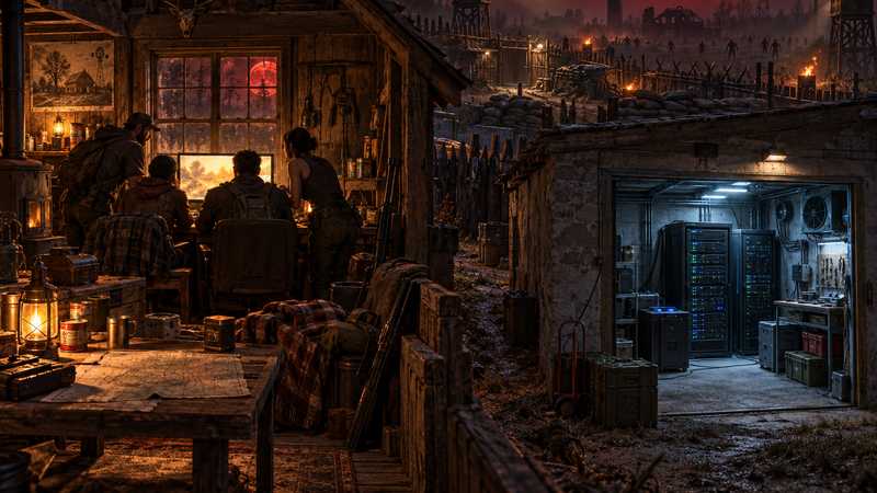 A small survivor group plays around a gaming PC while a separate server room glows in a fortified outbuilding under a red moon.