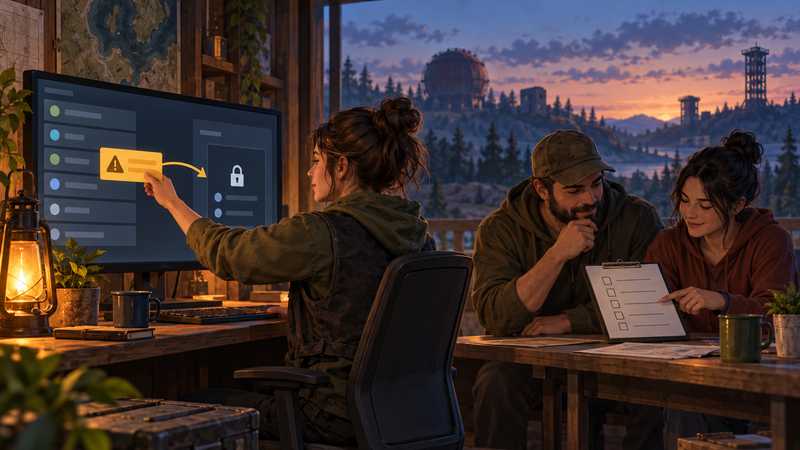 A Rust community operator routes a neutral alert from a server console into a locked staff channel while teammates review a permission checklist.