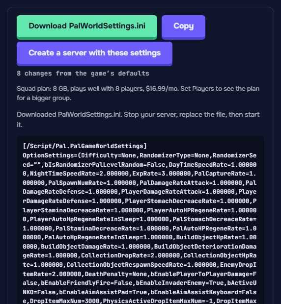 Download PalWorldSettings.ini, and the message: Stop your server, replace the file, then start it.