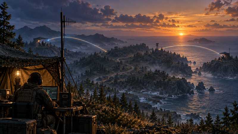 A field operator watches a dusk-lit island where distant outposts are linked by a radio signal.