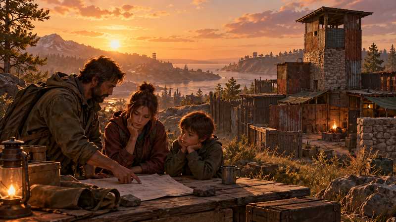 An adult and two family members review a map beside a weathered Rust settlement at sunset.