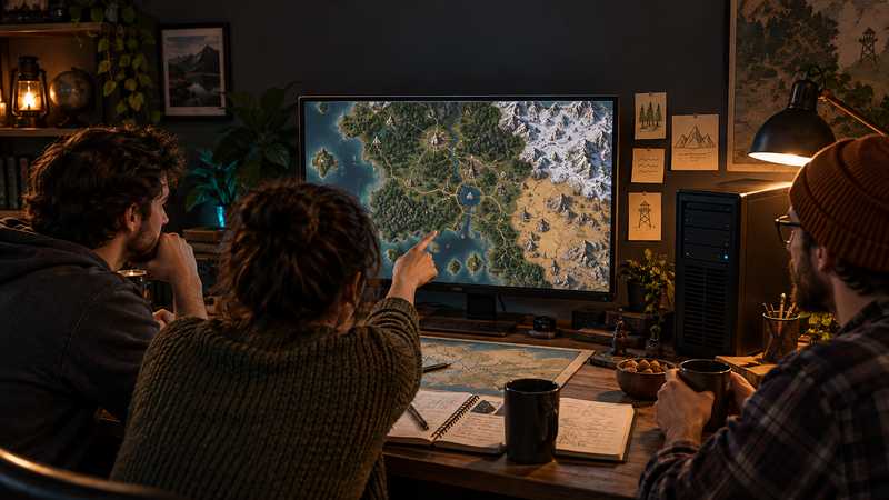 Friends compare a world map on a monitor beside a home server tower.
