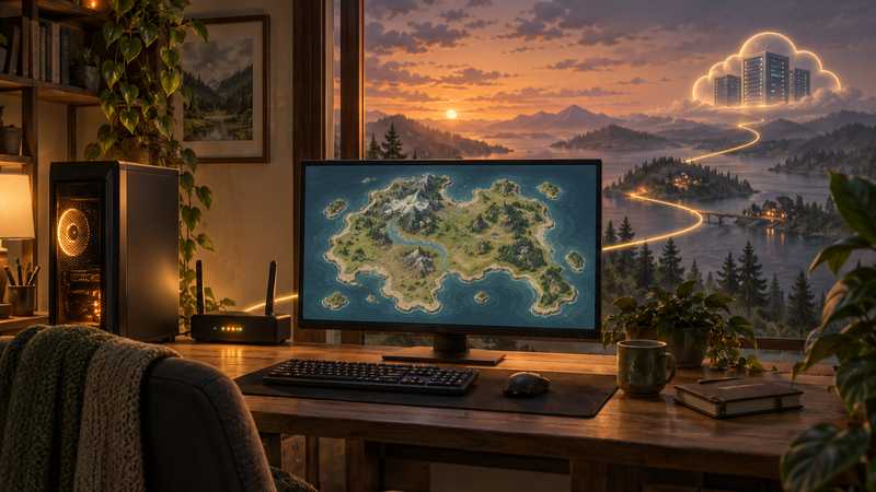 A home PC and router beside a map, with a visual path toward a remote server.