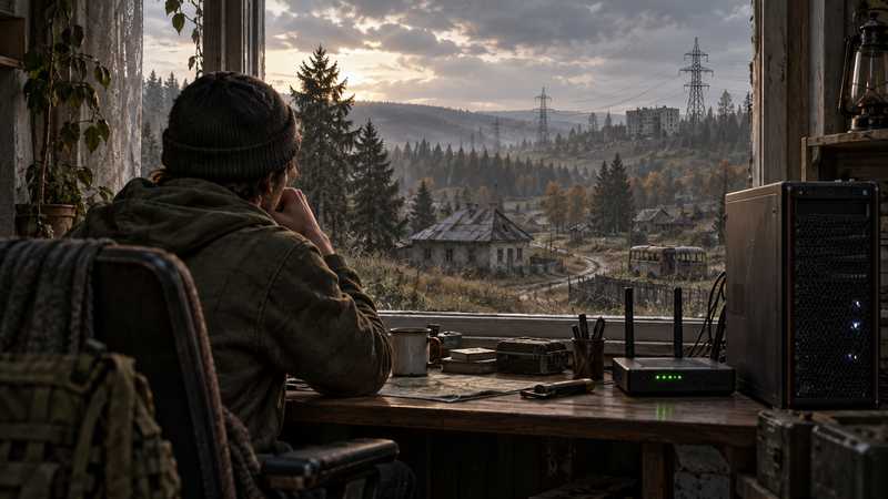 A survivor looks across a quiet rural landscape from a desk with a home PC and router nearby.