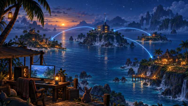 A home computer and a distant server building share a blue-lit island at dusk.