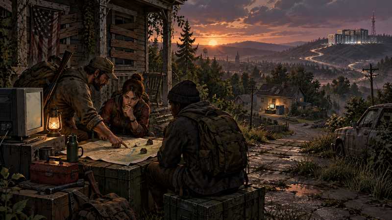 Three survivors plan a server route outside a boarded-up Kentucky safehouse at sunset.