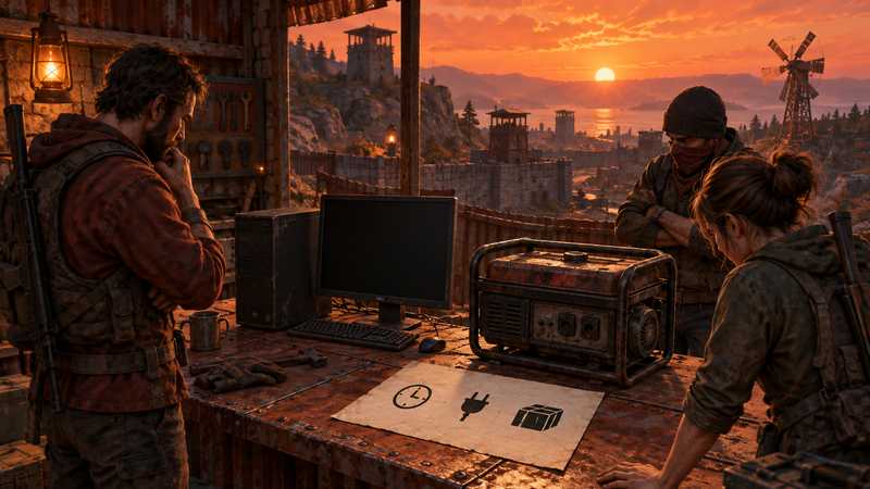 A small group weighs a powered desktop, an idle generator and a server checklist in an orange-lit workshop.