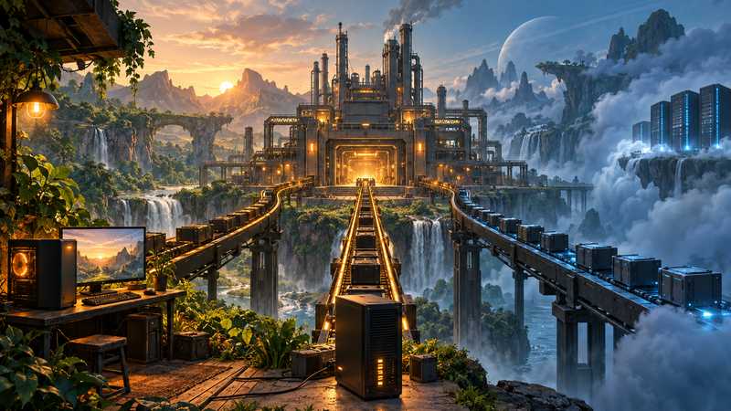 A factory world stretches between a home gaming PC, a standalone server and a distant cloud data center.