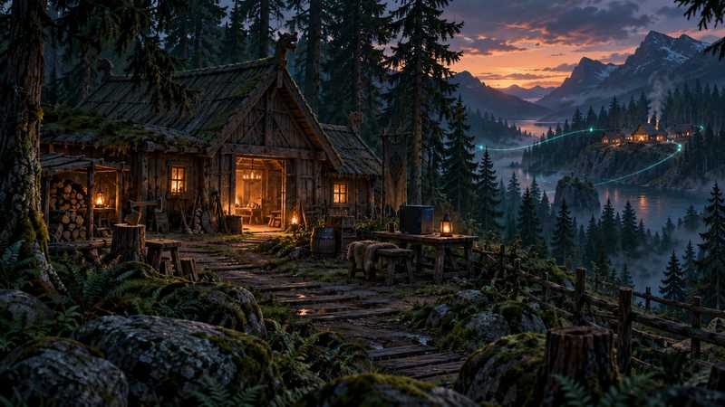 A forest longhouse glows beside a spare computer as a teal trail leads to a distant camp.