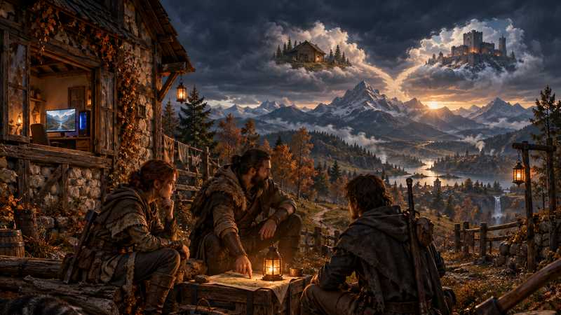 Three friends gather around a lantern outside a rustic homestead as a sunset-lit mountain valley opens beyond them.