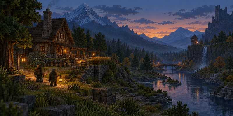 A lantern-lit timber-and-stone settlement overlooks a river valley at dusk, with travelers setting out from its edge.