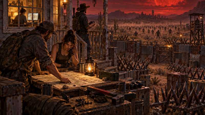 Friends plan a 7 Days to Die base together inside a farmhouse as a red blood moon rises.