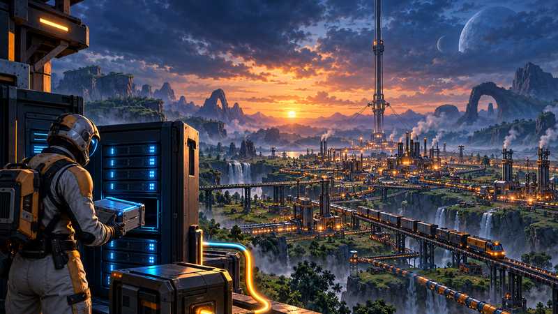 A Pioneer checks a glowing save archive beside an automated factory and server rack.