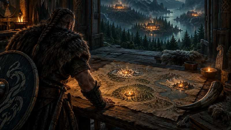A Viking studies a carved route map inside a longhouse with amber-lit forest settlements beyond the door.