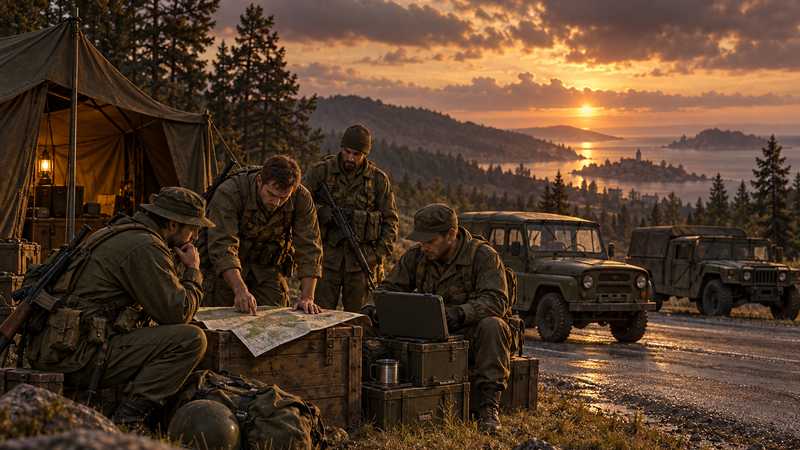 A squad studies a paper map beside a field tent on Everon, with two period vehicles on a country road.