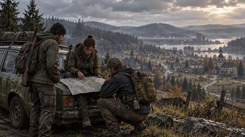 Three survivors study a folded road map beside a weathered car above a forest village.