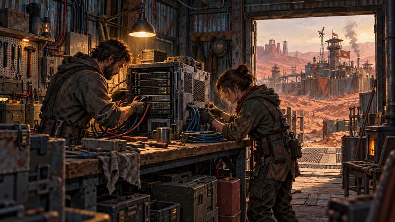 Two settlers connect cables to a server cabinet in a metal workshop overlooking an orange industrial settlement.