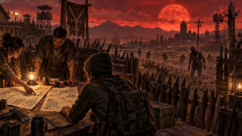 Survivors compare two route maps at a lantern-lit table in a fortified farmhouse.