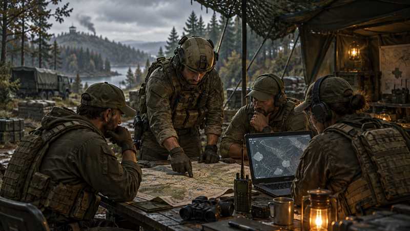A Reforger group checks a paper map and radio at a field command table.